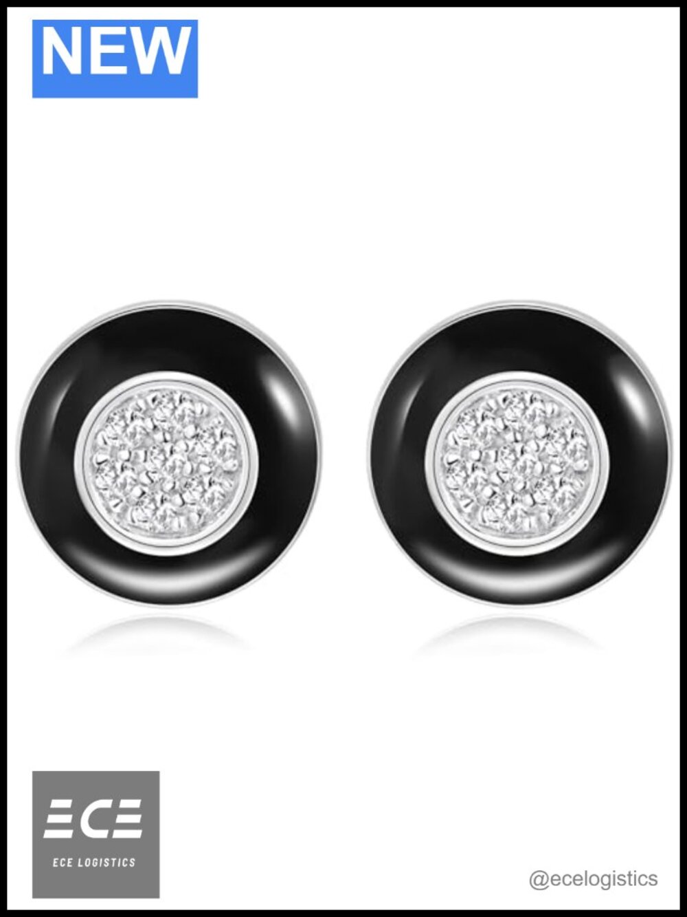 925 Sterling Silver Stud Earrings with Black Enamel & Cubic Zirconia